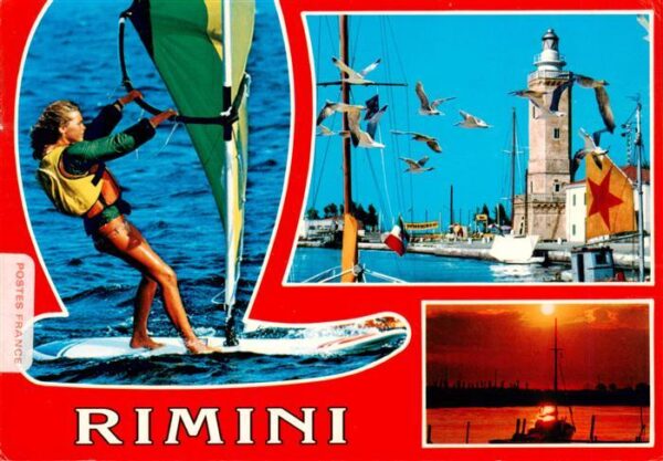 Rimini IT Hafen Leuchtturm Surferin Abendstimmung