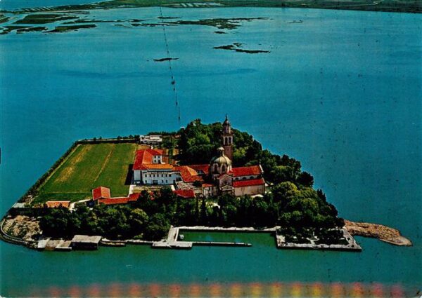 Grado Gorizia IT Isola e Santuario di Barbana veduta aerea