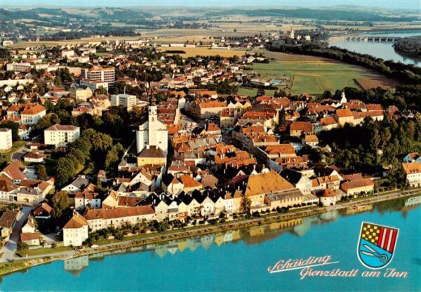 Schaerding Inn AT Panorama Grenzstadt am Inn Blick nach St. Florian Kraftwerk