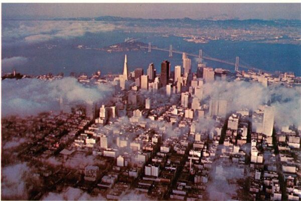 San Francisco California USA A foggy day aerial view Skyscrapers