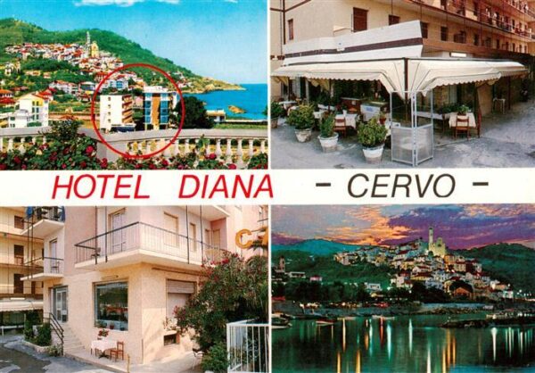 Cervo Hotel Diana Strassencafé Ansicht vom Meer aus