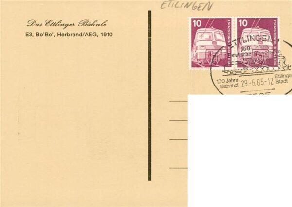 Ettlingen Ettlinger Baehnle Kuenstlerkarte Sonderstempel 100 Jahre Bahnhof – Bild 2