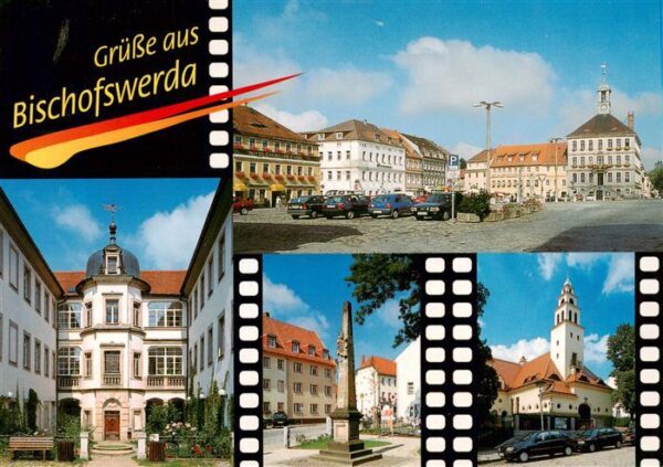 Bischofswerda Altmarkt mit Rathaus Stadtbibliothek Carl Lohse Galerie Postsaeule
