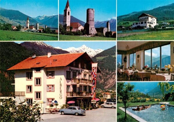 Mals Malles Suedtirol IT Ortsansicht Kirche Turm Gasthof Panorama Gastraum Freib
