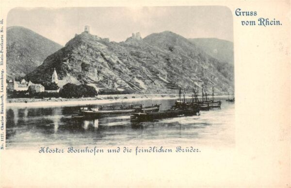 Bornhofen Kamp Rhein Blick ueber den Rhein Kloster und die feindlichen Brueder