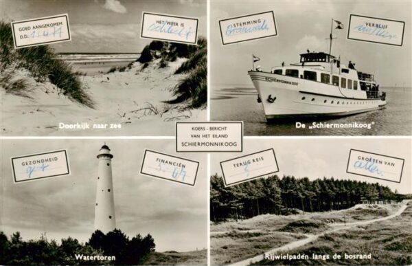 Doorkijk NL Strand Faehre De Schiermonnikoog Leuchtturm Landschaft Wald