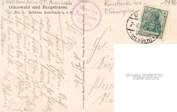Auerbach Bergstrasse Schloss Auerbach Kuenstlerkarte P. Schmiegelow – Bild 2