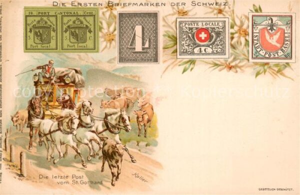 Briefmarken auf Postkarte Die Ersten Briefmarken der Schweiz