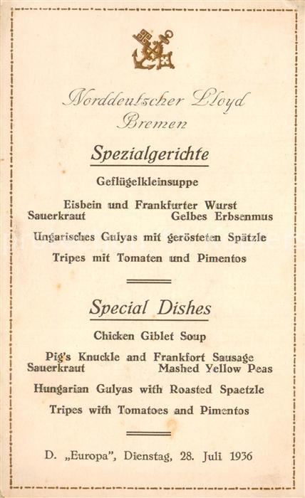 Dampfer Oceanliner Speisekarte Bremen