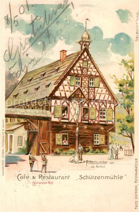 Pirkenhammer Brezova u Karlovych Var CZ Cafe-Restaurant Schuetzenmuehle Fachwerk
