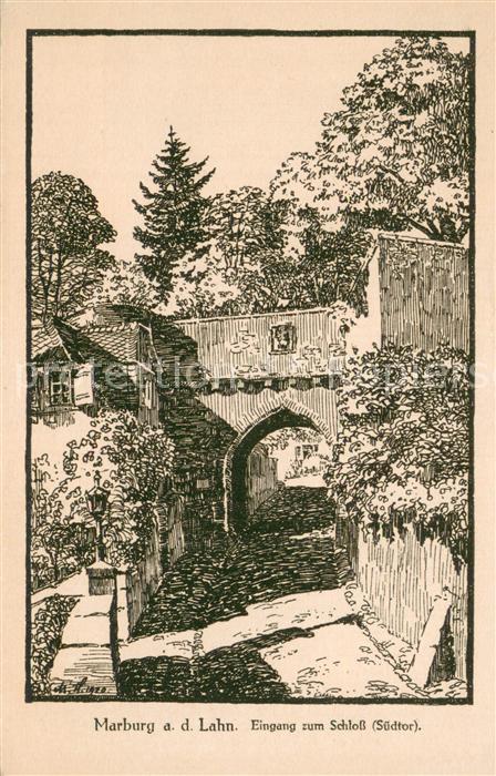 Marburg Lahn Eingang z. Schloss Suedtor Federzeichnung Hilderer