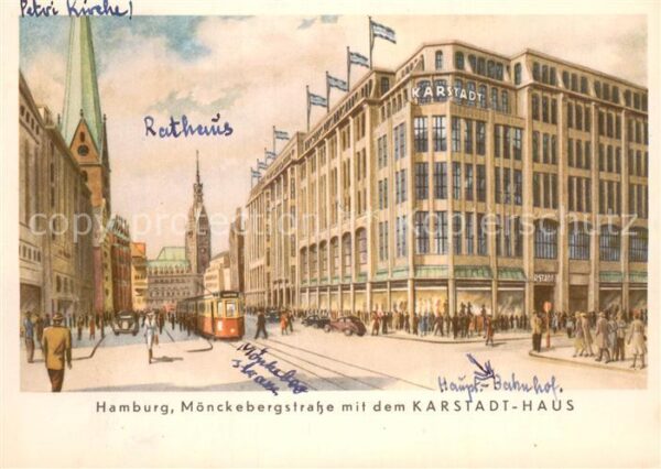 Hamburg Moenckebergstrasse m. Karstadt-Haus Petri-Kirche Strassenbahn
