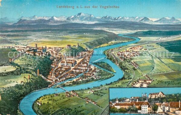 Landsberg Lech aus der Vogelschau Gefangenenanstalt Alpenpanorama