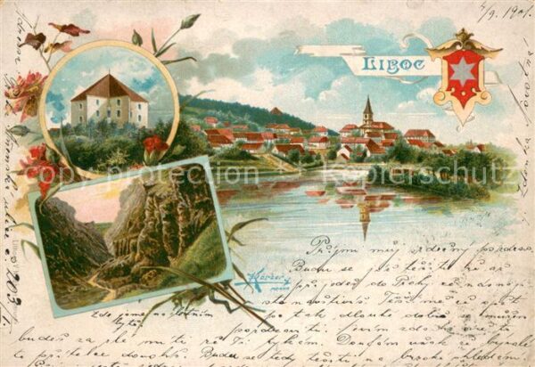 Liboc Aubach CZ Partie am Fluss Landschaftspanorama Schloss Kuenstlerkarte