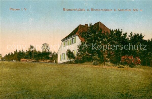 Plauen  Vogtland Bismarcksaeule und Bismarckshaus am Kemmler
