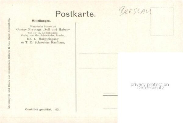 Breslau Niederschlesien No. 1 Haupteingang zu T. O. Schroeters Kaufhaus Historis – Bild 2
