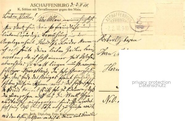 Aschaffenburg Main Schloss Terrassenmauer gegen den Main Kuenstlerkarte – Bild 2