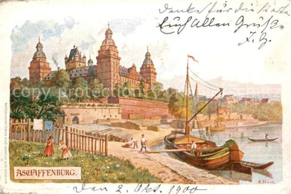 Aschaffenburg Main Schloss am Main Schiff Kuenstlerkarte