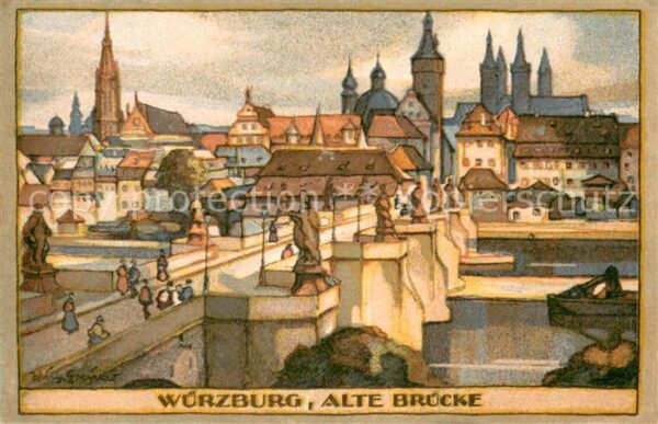 Wuerzburg Alte Bruecke Original Steinzeichnung von Wilhelm Greiner