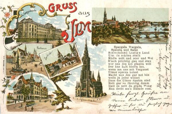 Ulm  Donau Justizgebaeude Rathaus Saalbau Zundeltor Muenster Stadtpanorama Litho