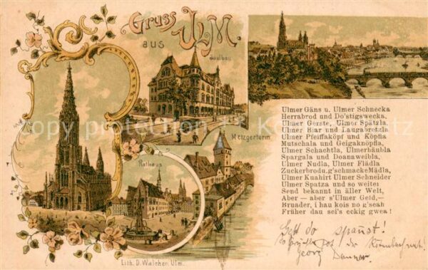 Ulm  Donau Muenster Saalbau Rathaus Metzgerturm Stadtpanorama Litho