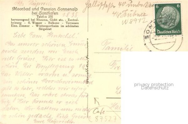Sonthofen Oberallgaeu Moorbad-Pension Sonnenalp Aussenansicht Kuenstlerkarte A. – Bild 2