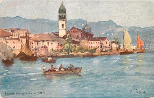 Salo Lago di Garda IT Teilansicht Partie im Boot - Kuenstlerkarte E. Sala