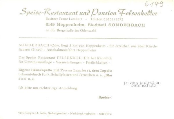 Heppenheim Bergstrasse Restaurant-Pension Felsenkeller Innenansicht Speisesaal – Bild 2