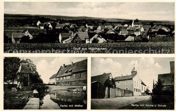 Muehlhausen Eberhardzell Gesamtansicht Partie am Weiher Kirche Schule