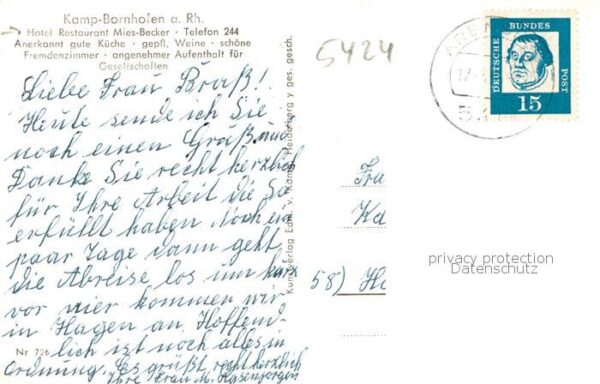 Kamp-Bornhofen Rhein Hotel-Restaurant Mies-Becker Innen- u. Aussenansicht m. Rhe – Bild 2