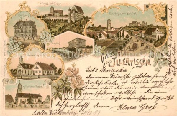 Illertissen Rathaus Kirche Schloss Bahnhof Litho