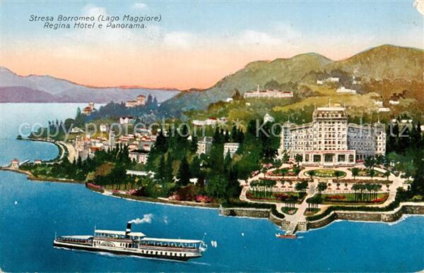 Borromeo Stresa Lago Maggiore IT Regina Hotel Panorama Dampfer aus der Vogelpers