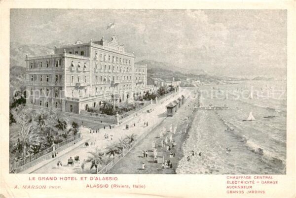 ALAssIO Savona Liguria IT Grand Hotel Strand Kuestenpanorama Kuenstlerkarte