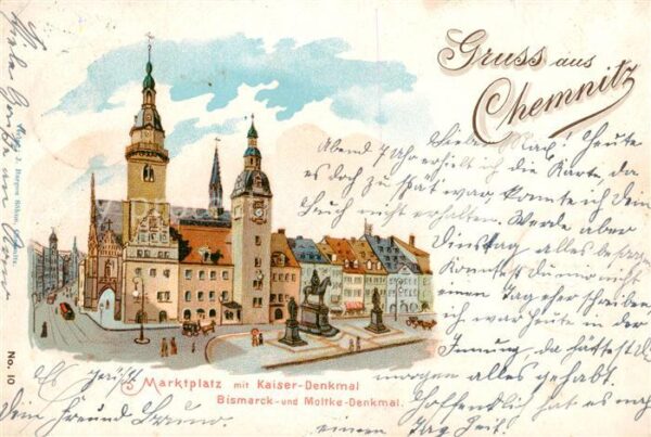 Chemnitz Marktplatz Kaiserdenkmal Bismarckdenkmal Moltkedenkmal Litho