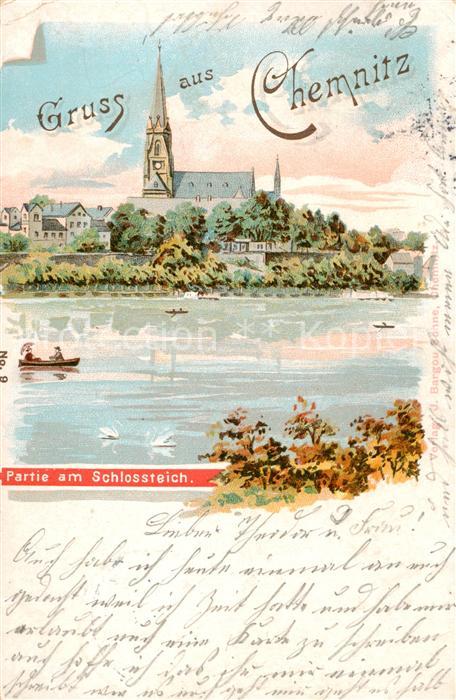 Chemnitz Partie am Schlossteich Blick zur Kirche Kuenstlerkarte