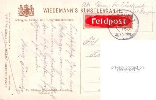 Erlangen Schloss mit Emigrantenbrunnen Feldpost – Bild 2