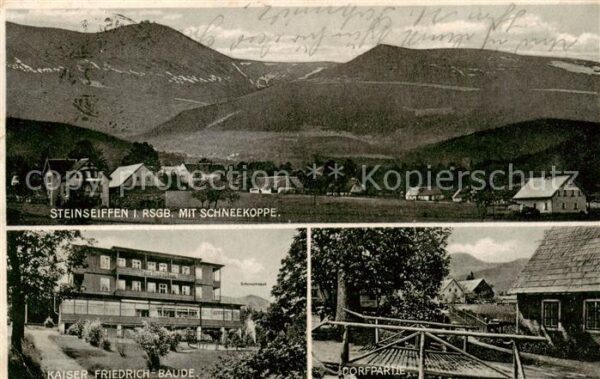 Steinseiffen Sciegny Podgorzyn Giersdorf PL mit Schneekoppe Kaiser Friedrich Bau
