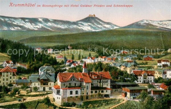 Krummhuebel Karpacz Riesengebirge PL mit Hotel Goldner Frieden und Schneekoppe
