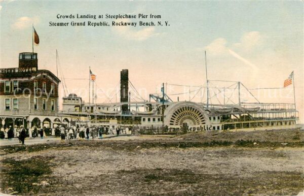 Rockaway Beach New York USA Crowds Landing at Steeplechase Pier from Steamer Gra