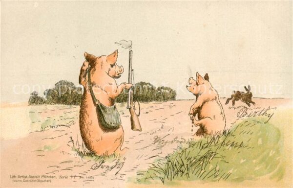 Vermenschlicht Schweine Gewehr Lith.-Anstalt Muenchen Nr.15993 Litho
