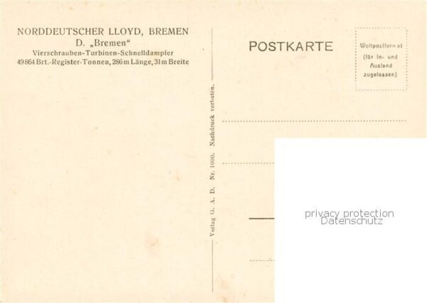Dampfer Oceanliner Norddeutscher LLOYD Bremen D. Bremen – Bild 2