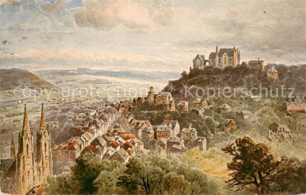 Marburg Lahn Panorama mit Kirche und Burg Kuenstlerkarte