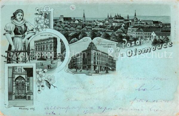 Olomouc Olmuetz CZ Panorama Narodni dum Mestsky erloj Ustredni zalozna rolnicka