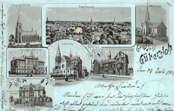Guetersloh Kirche Totalansicht Lehrerseminar Gymnasium Kaiserliches Postam Litho