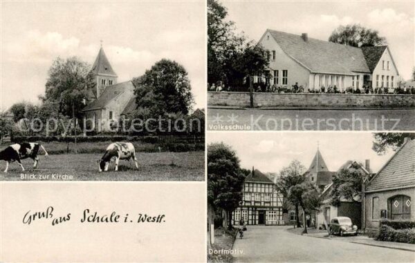Schale Blick zur Kirche Volksschule Dorfmotiv