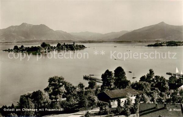 Gstadt Chiemsee Panorama Blick zur Fraueninsel Chiemgauer Alpen