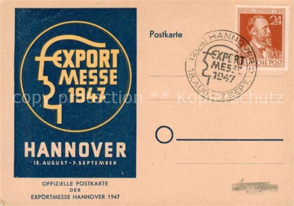 Hannover Offizielle Postkarte der Exportmesse 1947 Stempel