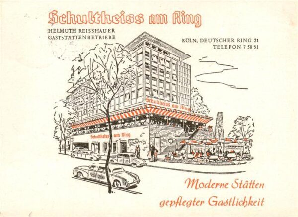 Koeln  Rhein Gaststaettenbetriebe Schultheiss am Ring Zeichnung Kuenstlerkarte