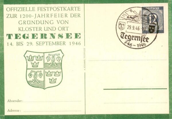 Tegernsee Festpostkarte zur Gruendung von Kloster und Ort Tegernsee
