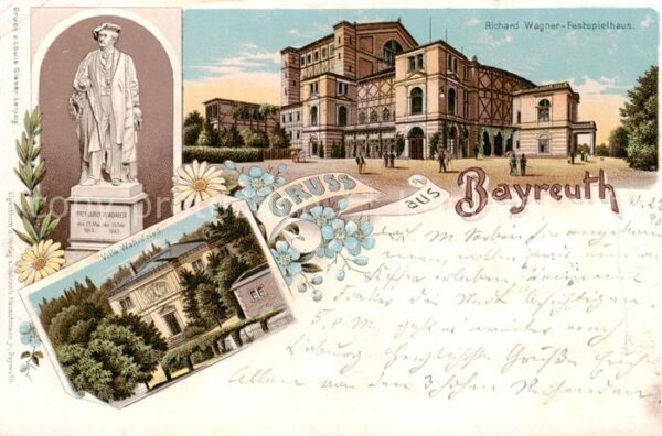 Bayreuth Richard Wagner Denkmal Festspielhaus Villa Wahnfried Litho